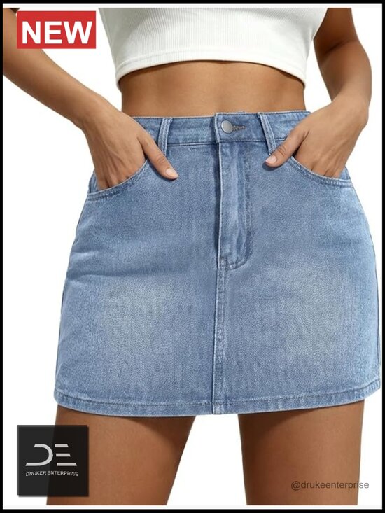 Dresses & Skirts - Stretch Casual Denim Mini Skirt with Pockets Zip Fly